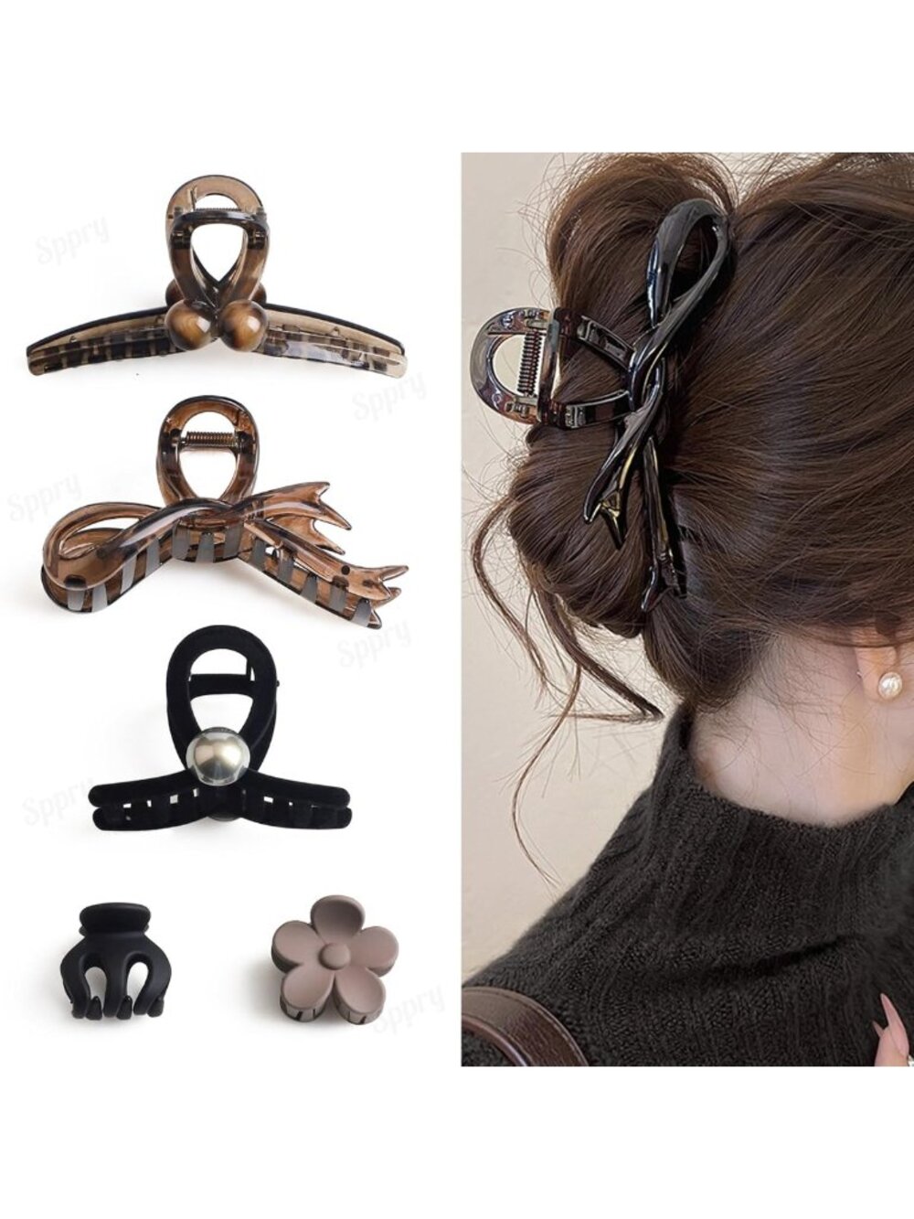 Stylish Hair Claw Clips Set of 5 for Women - Brown & Black, Perfect for All Hair